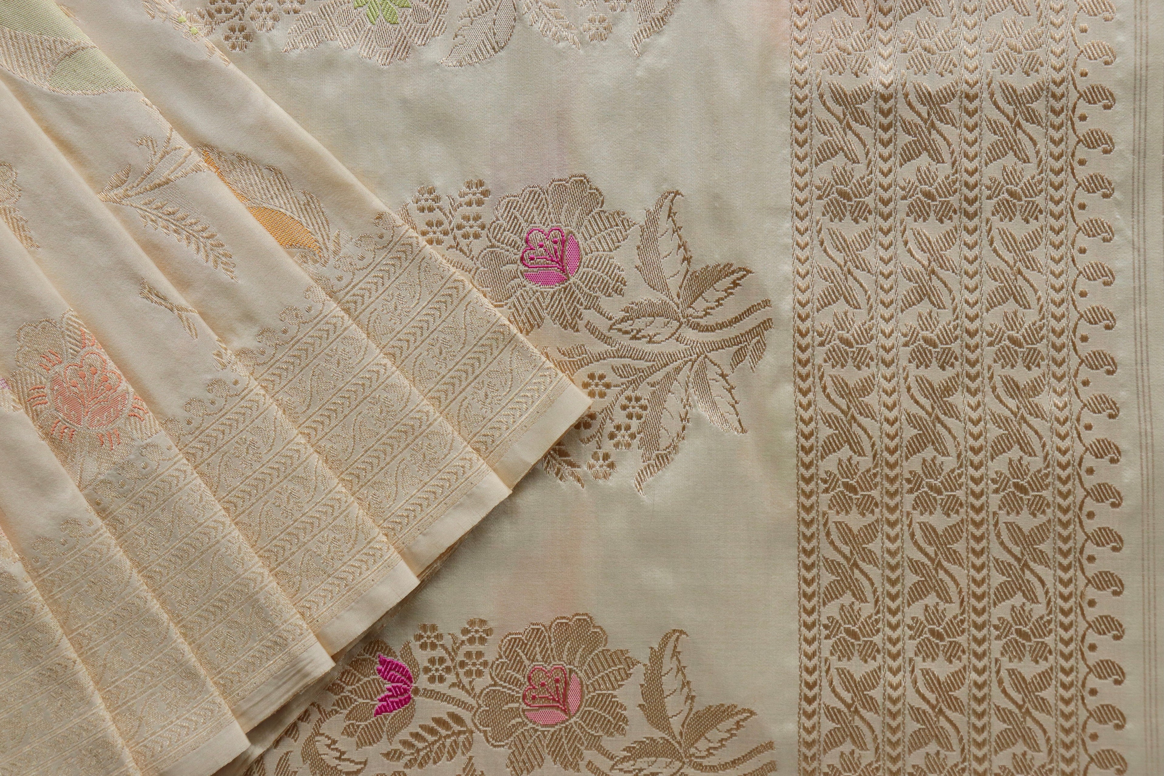 Ivory Meenadar Pure Silk Handloom Banarasi Jangla Saree