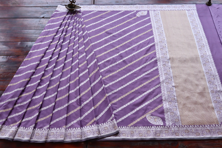 Purple Mauve Aada Jangla Pure Katan Silk Banarasi Saree