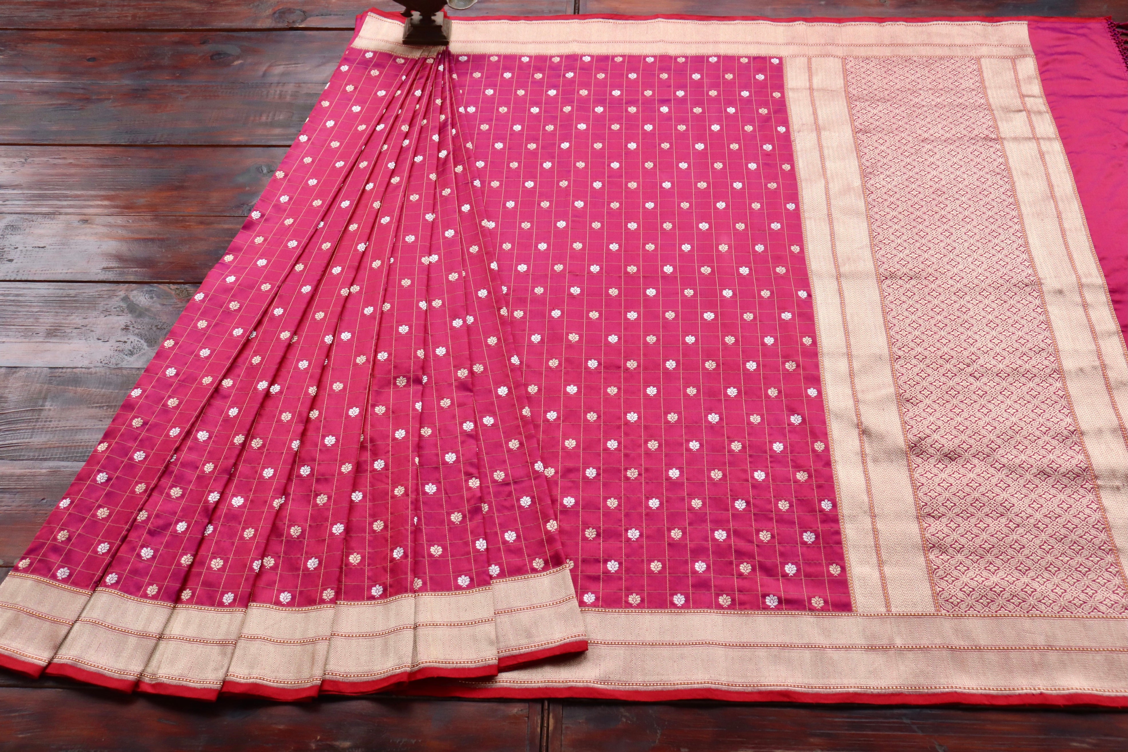 Burgundy Check Pure Silk Handloom Banarasi Saree