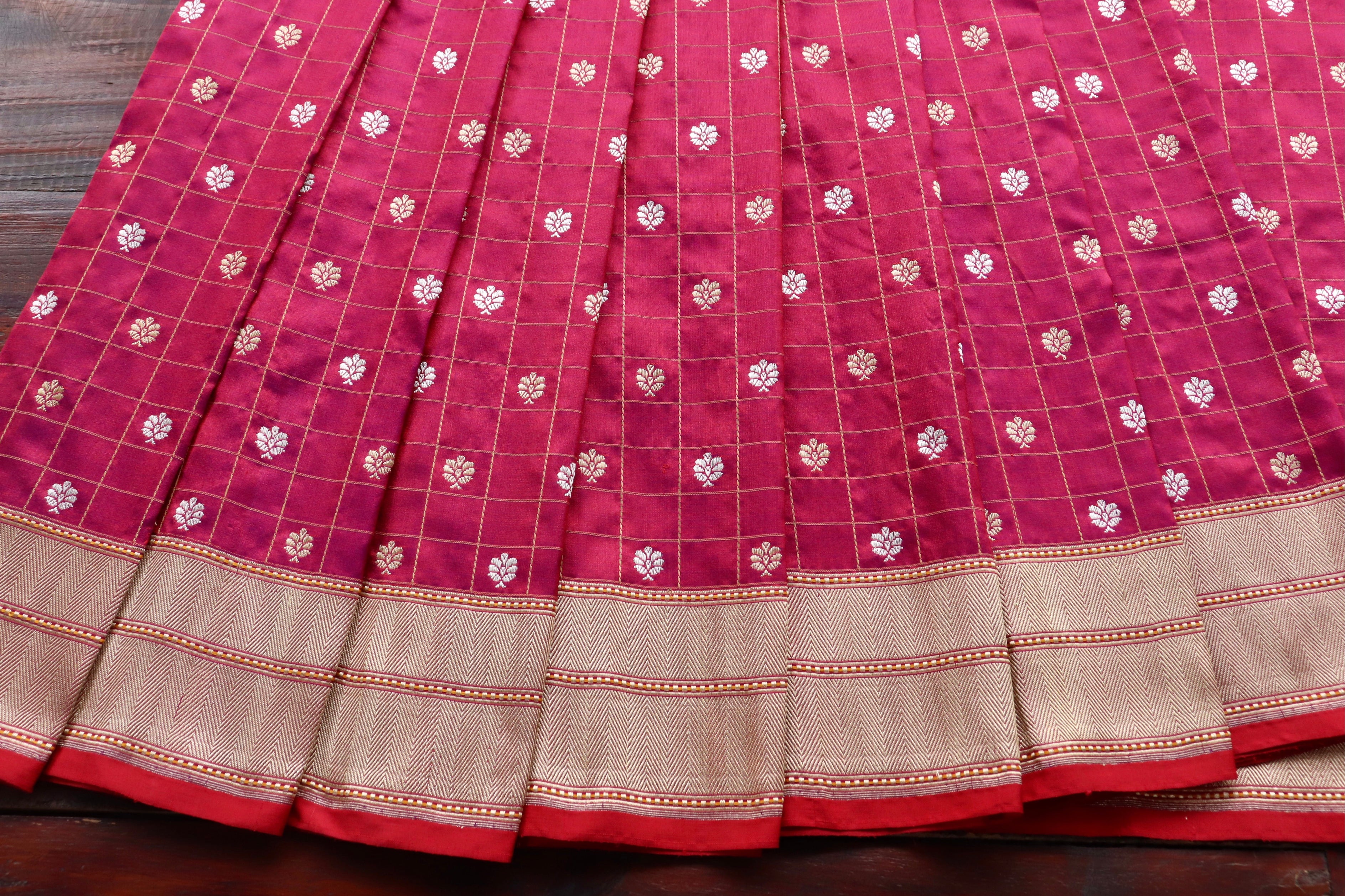 Burgundy Check Pure Silk Handloom Banarasi Saree