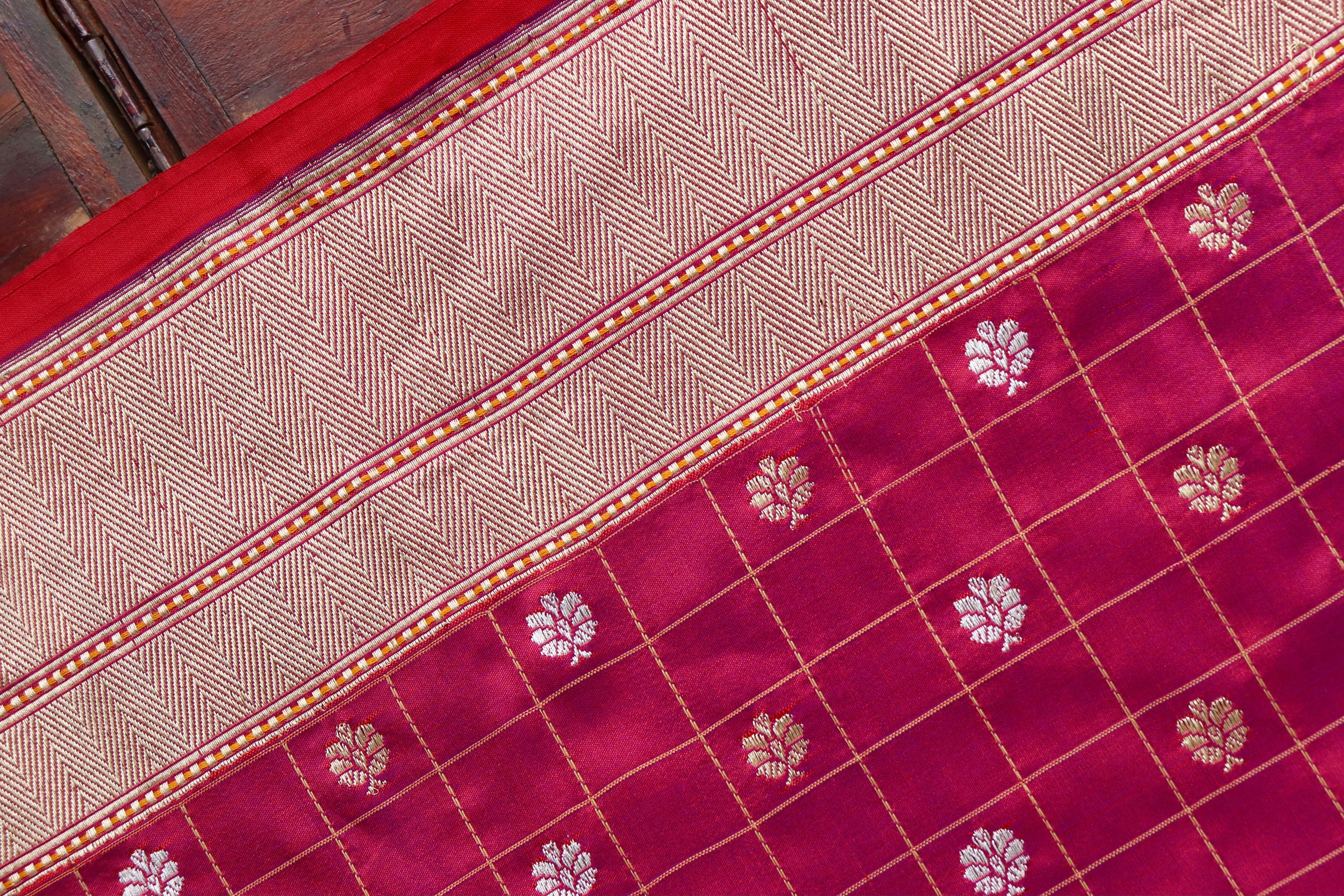 Burgundy Check Pure Silk Handloom Banarasi Saree