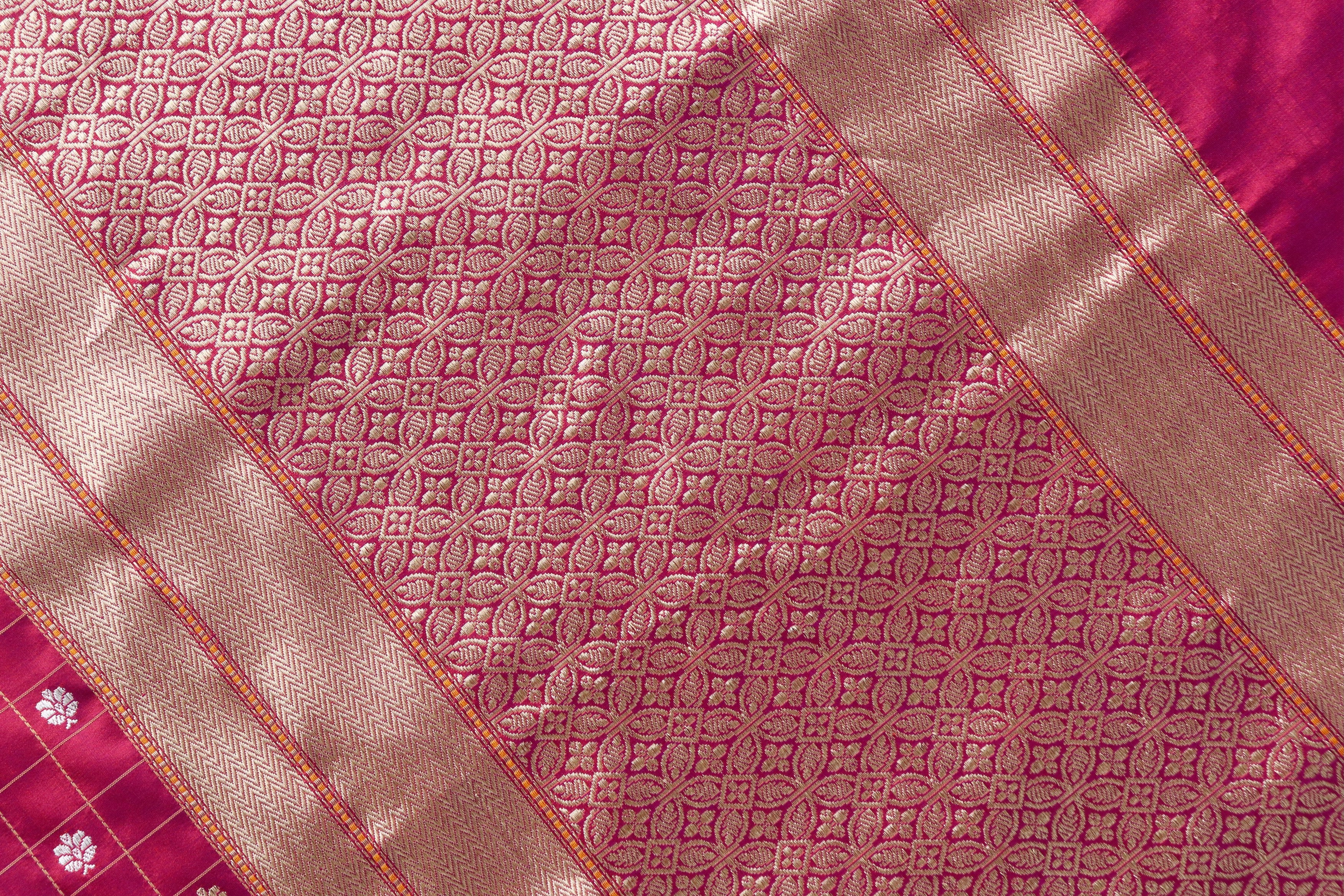 Burgundy Check Pure Silk Handloom Banarasi Saree