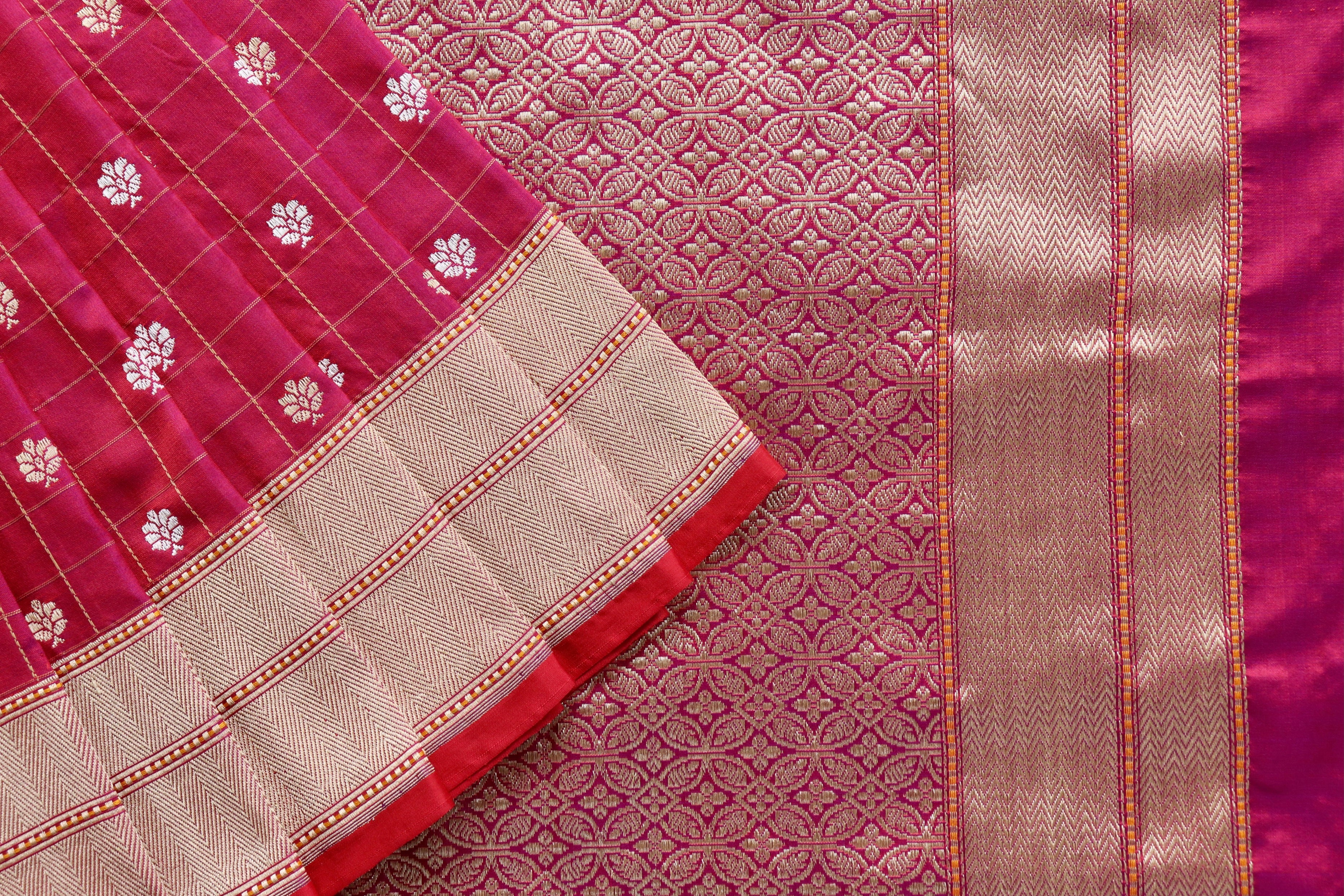 Burgundy Check Pure Silk Handloom Banarasi Saree