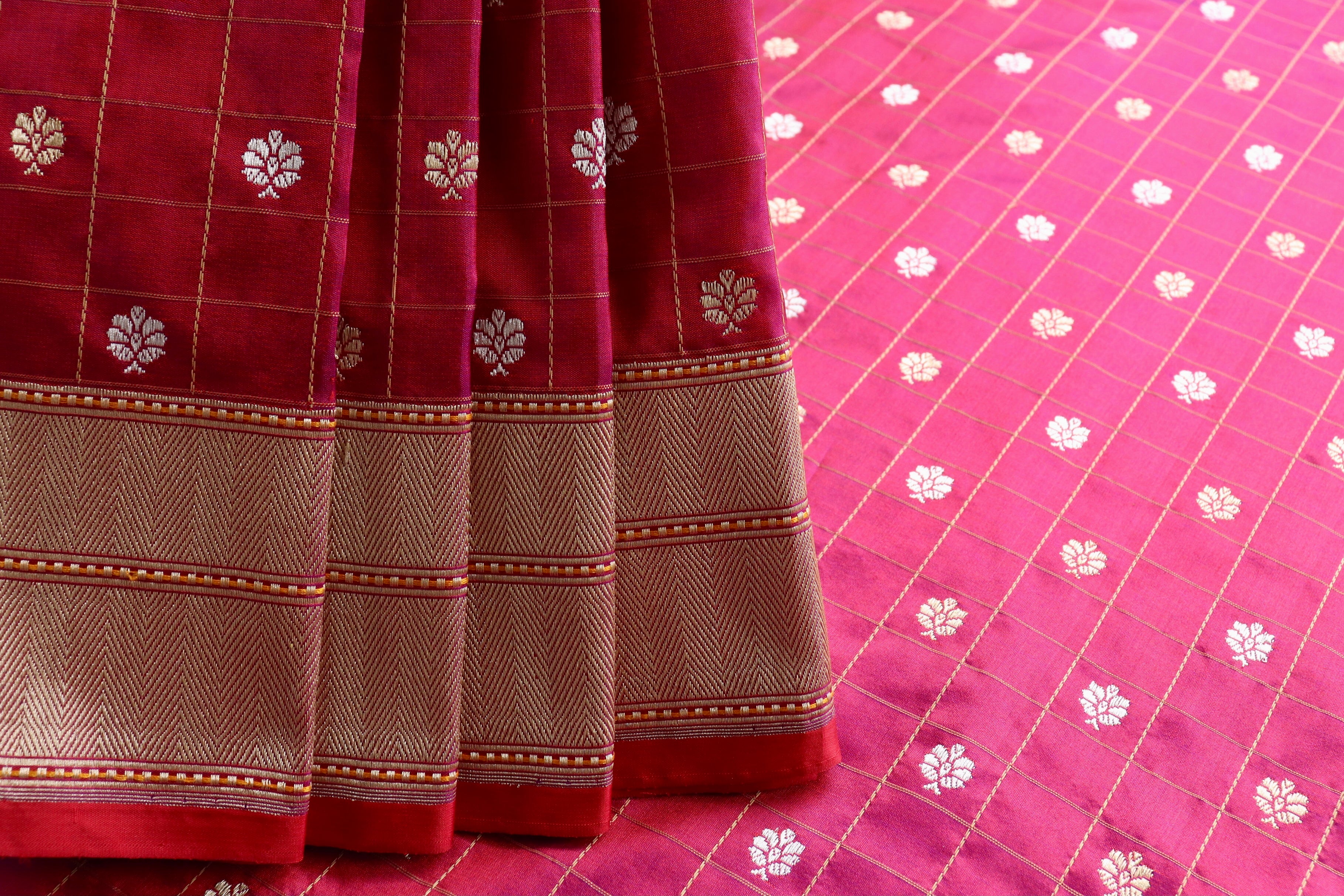 Burgundy Check Pure Silk Handloom Banarasi Saree