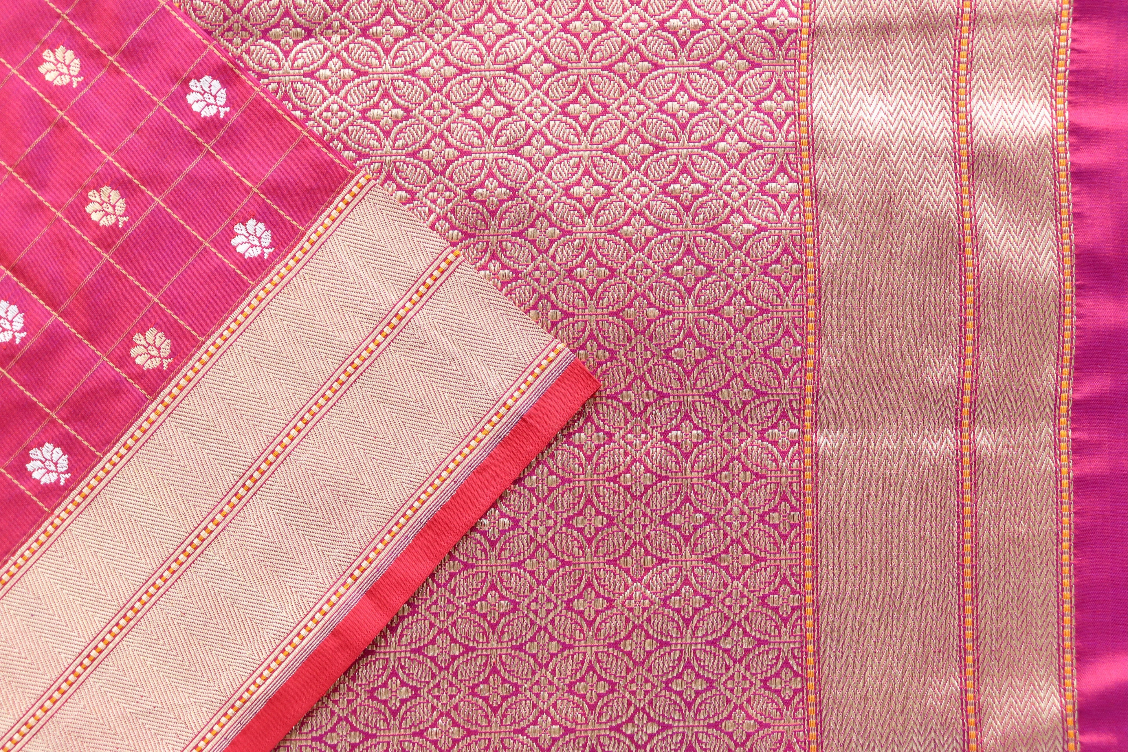 Burgundy Check Pure Silk Handloom Banarasi Saree