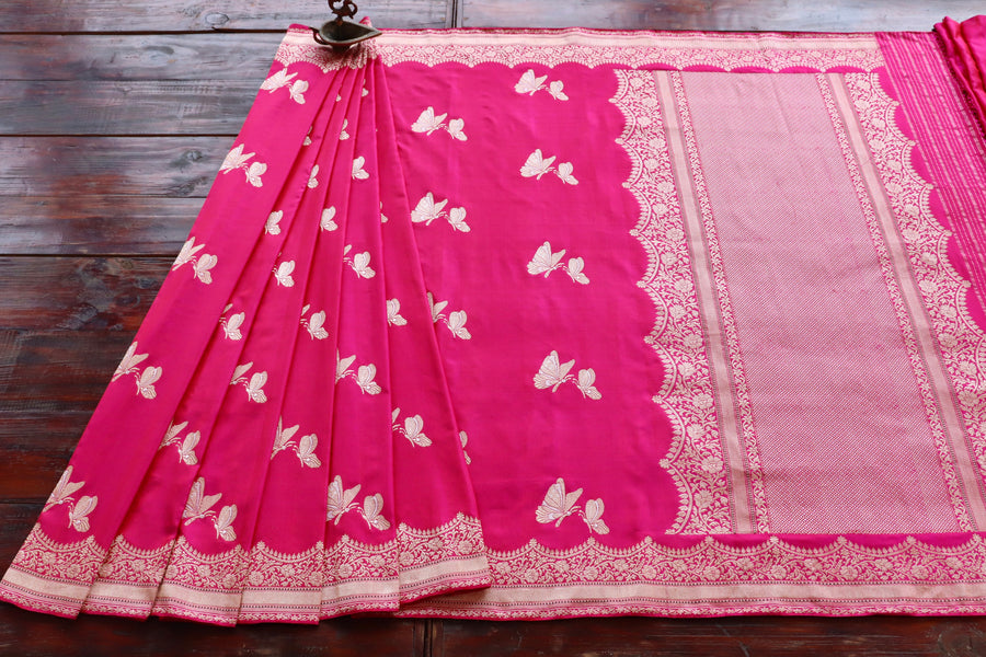 Pink Butterfly Motif Pure Silk Banarasi Saree | Stuti Weaves