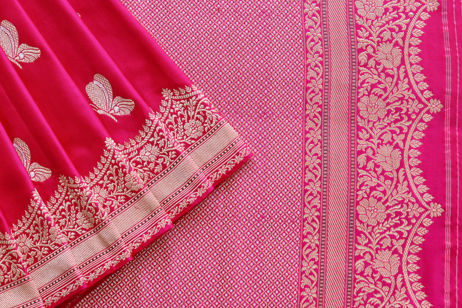 Pink Butterfly Motif Pure Silk Banarasi Saree | Stuti Weaves