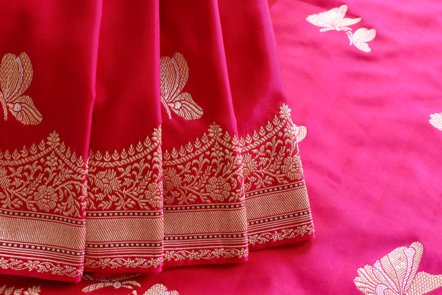 Pink Butterfly Motif Pure Silk Banarasi Saree | Stuti Weaves