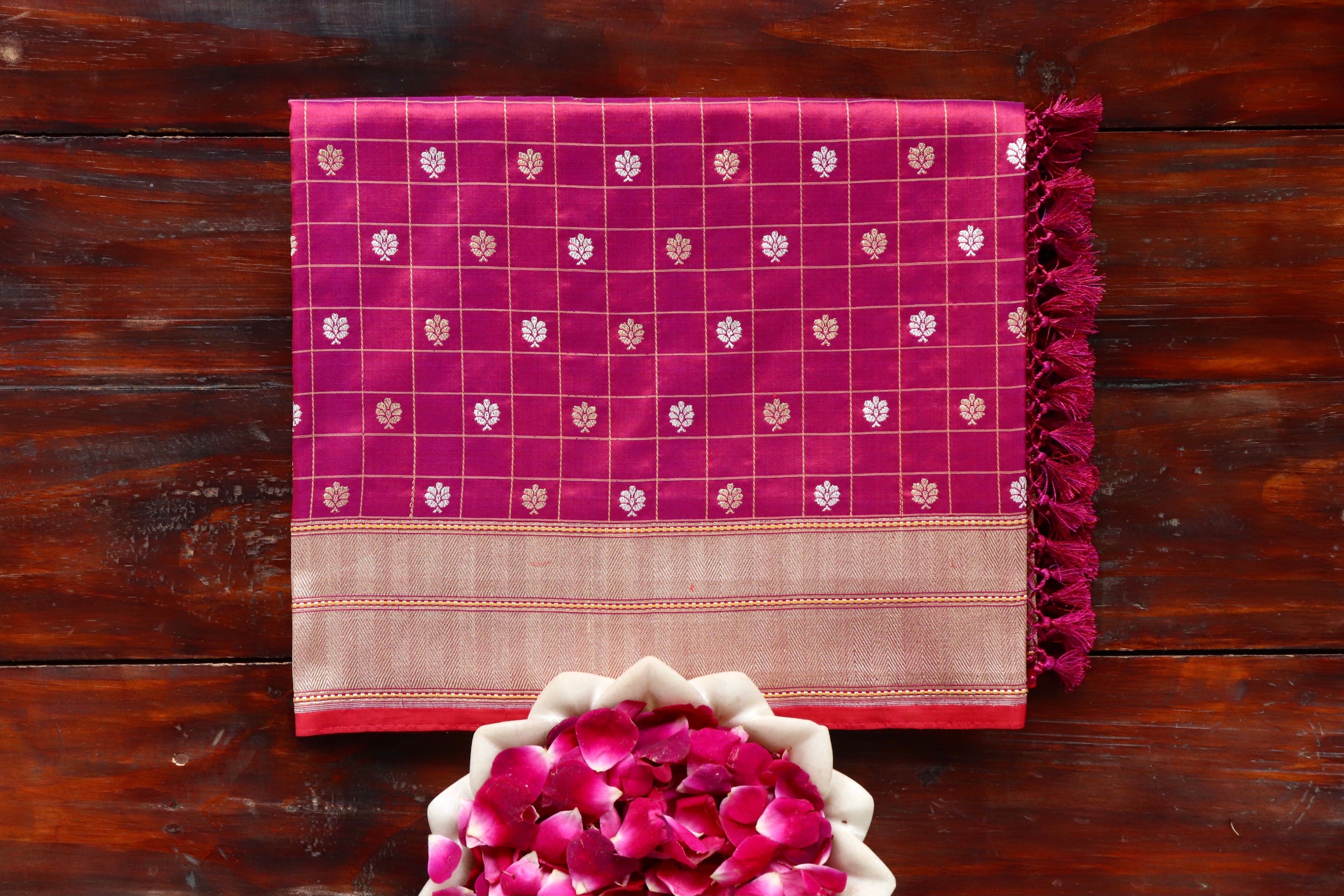 Burgundy Check Pure Silk Handloom Banarasi Saree