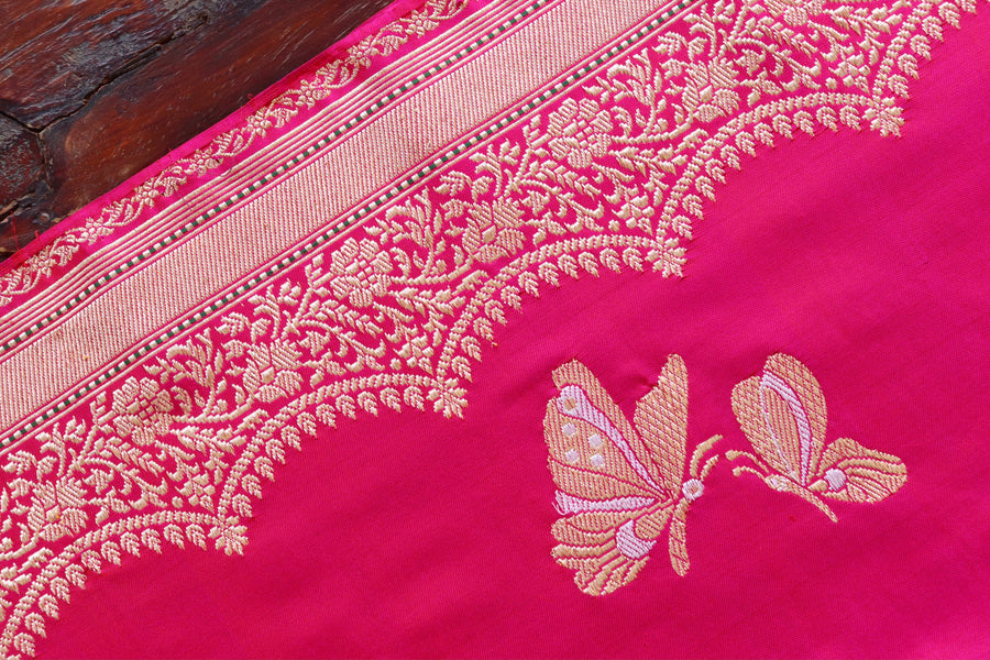 Pink Butterfly Motif Pure Silk Banarasi Saree | Stuti Weaves