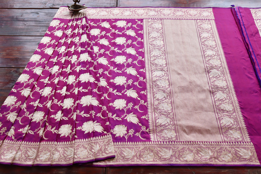 Purple Chinar Jangla Pure Silk Handloom Banarasi Saree