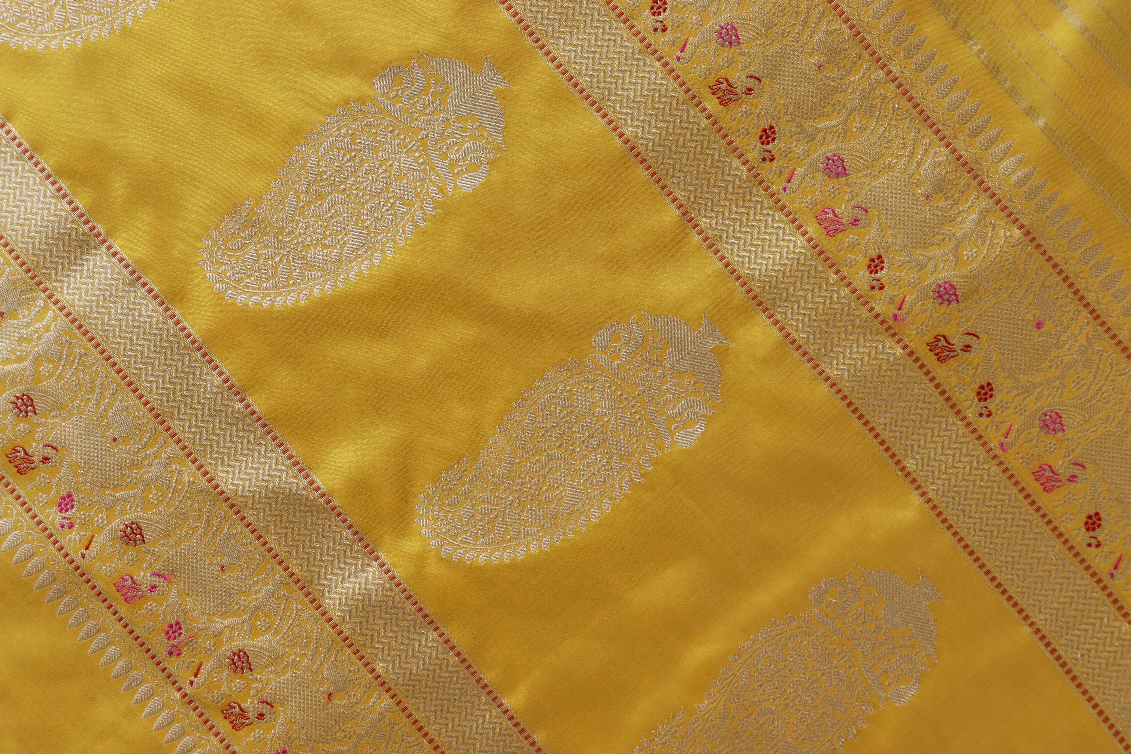 Bright Yellow Bird Motif Pure Silk Handloom Banarasi Saree