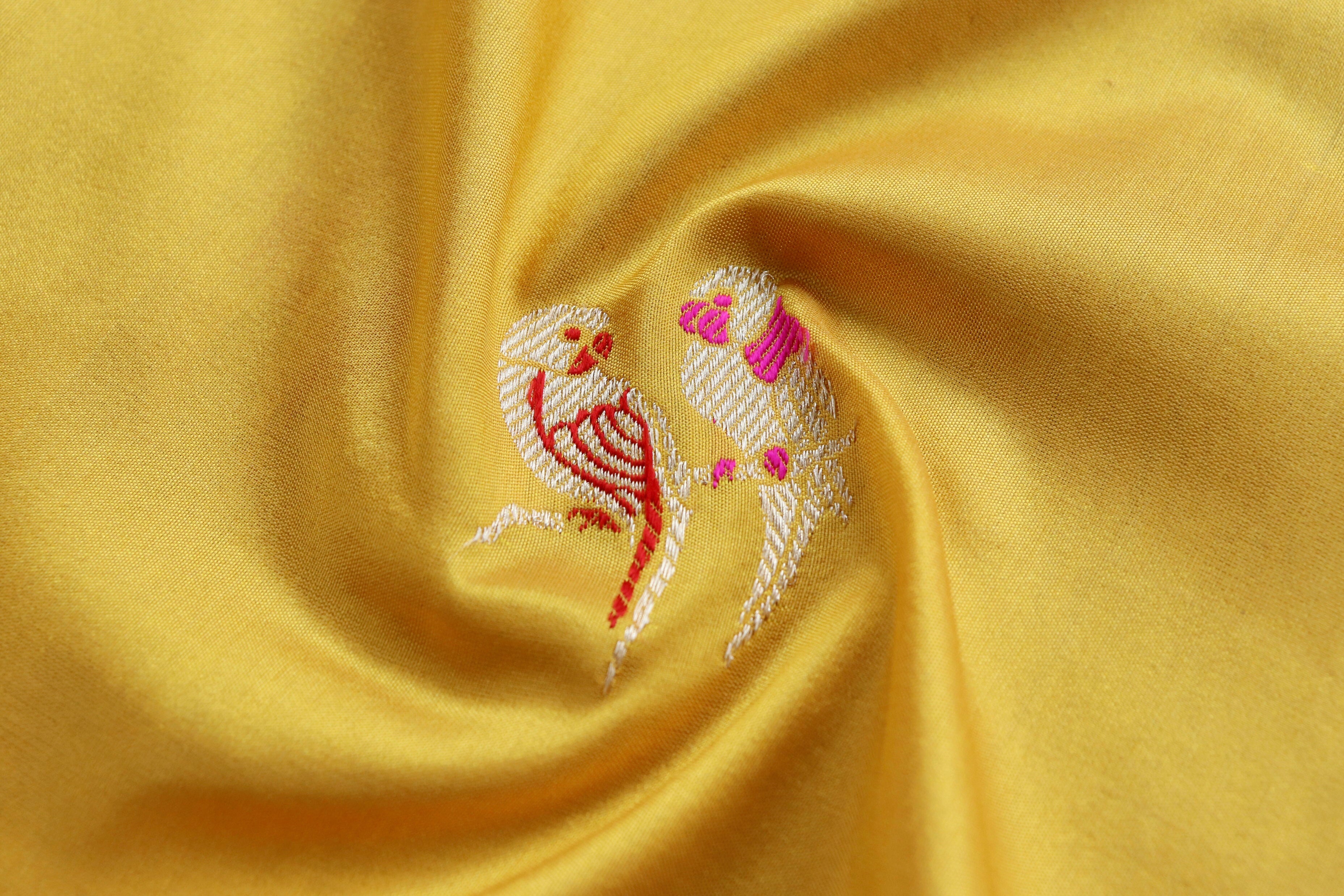 Bright Yellow Bird Motif Pure Silk Handloom Banarasi Saree