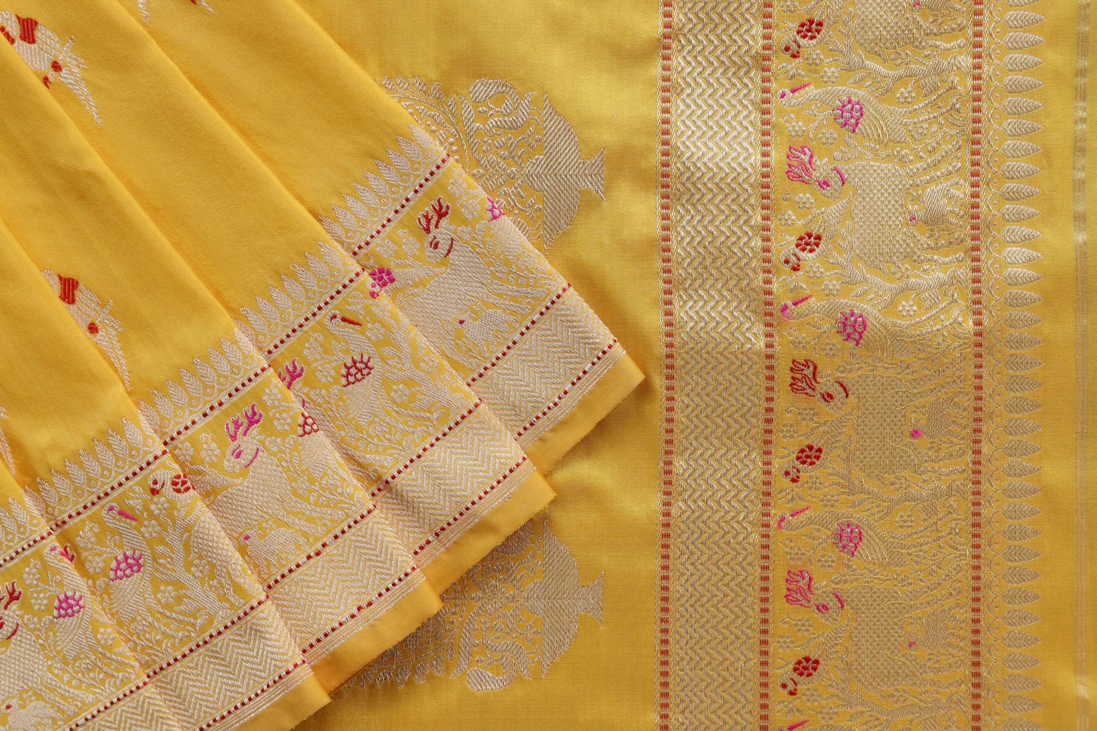 Bright Yellow Bird Motif Pure Silk Handloom Banarasi Saree