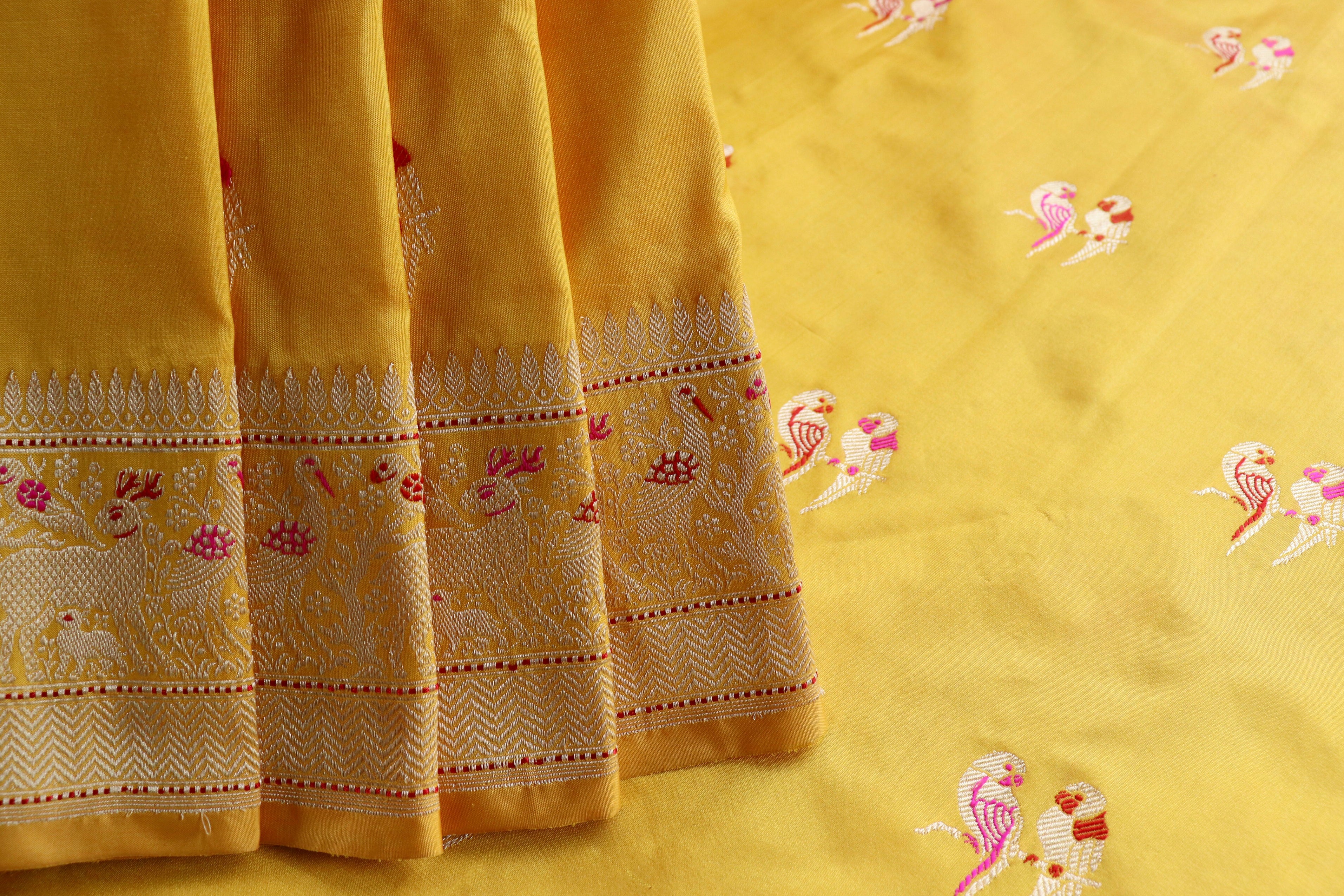 Bright Yellow Bird Motif Pure Silk Handloom Banarasi Saree