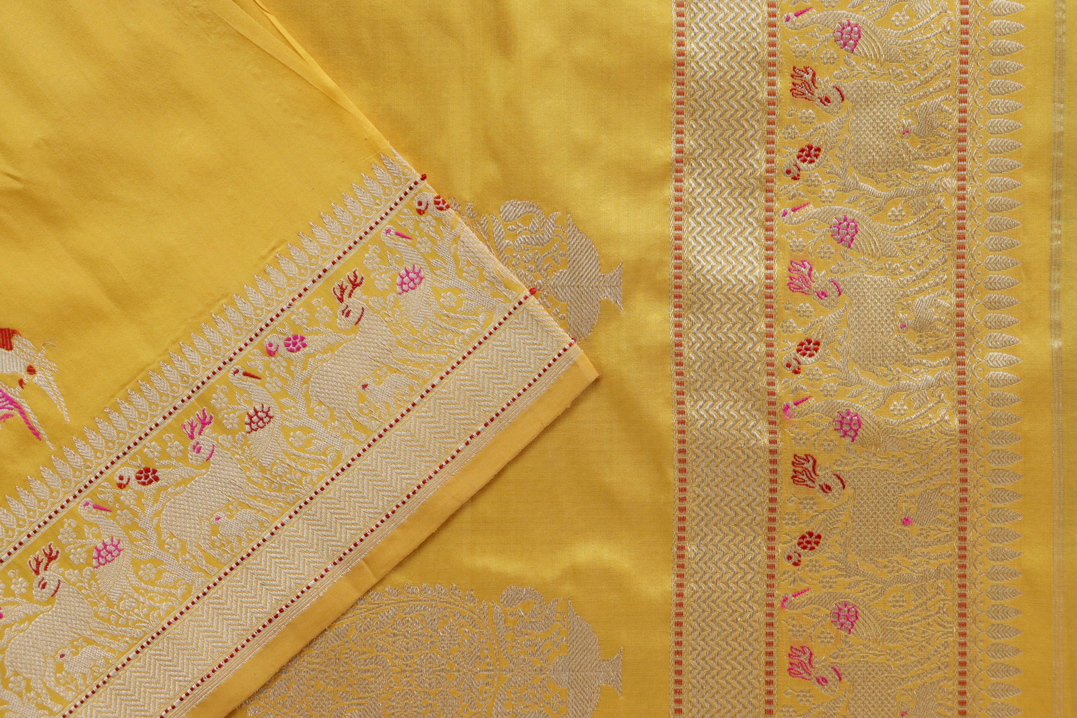 Bright Yellow Bird Motif Pure Silk Handloom Banarasi Saree