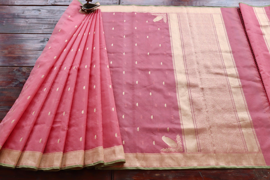 Pink Kairy Kuniya Pure Kora Silk Handloom Banarasi Saree