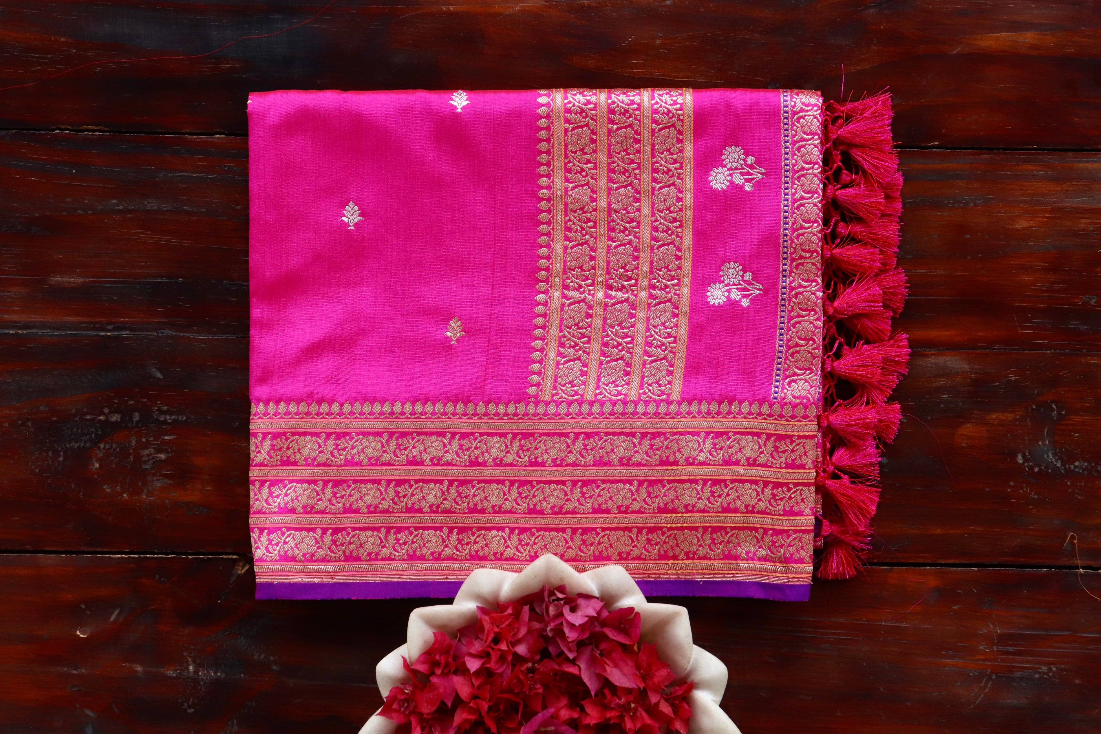 Hot Pink Kadhua Motif Pure Silk Handloom Banarasi Saree