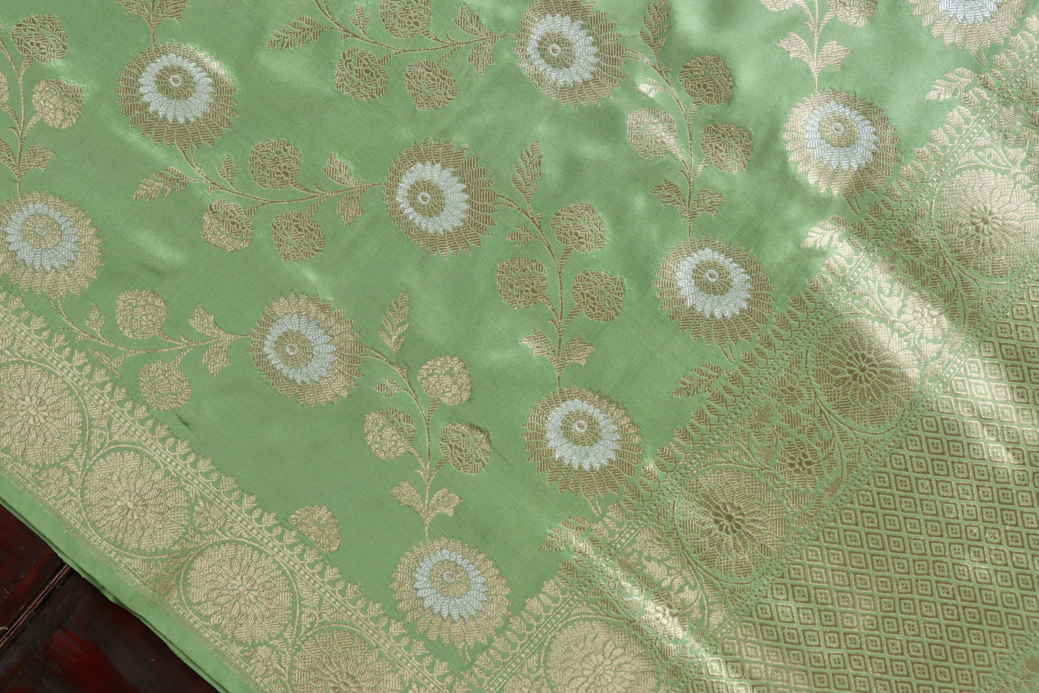 Pistachio Green Jangla Pure Silk Handloom Banarasi Dupatta
