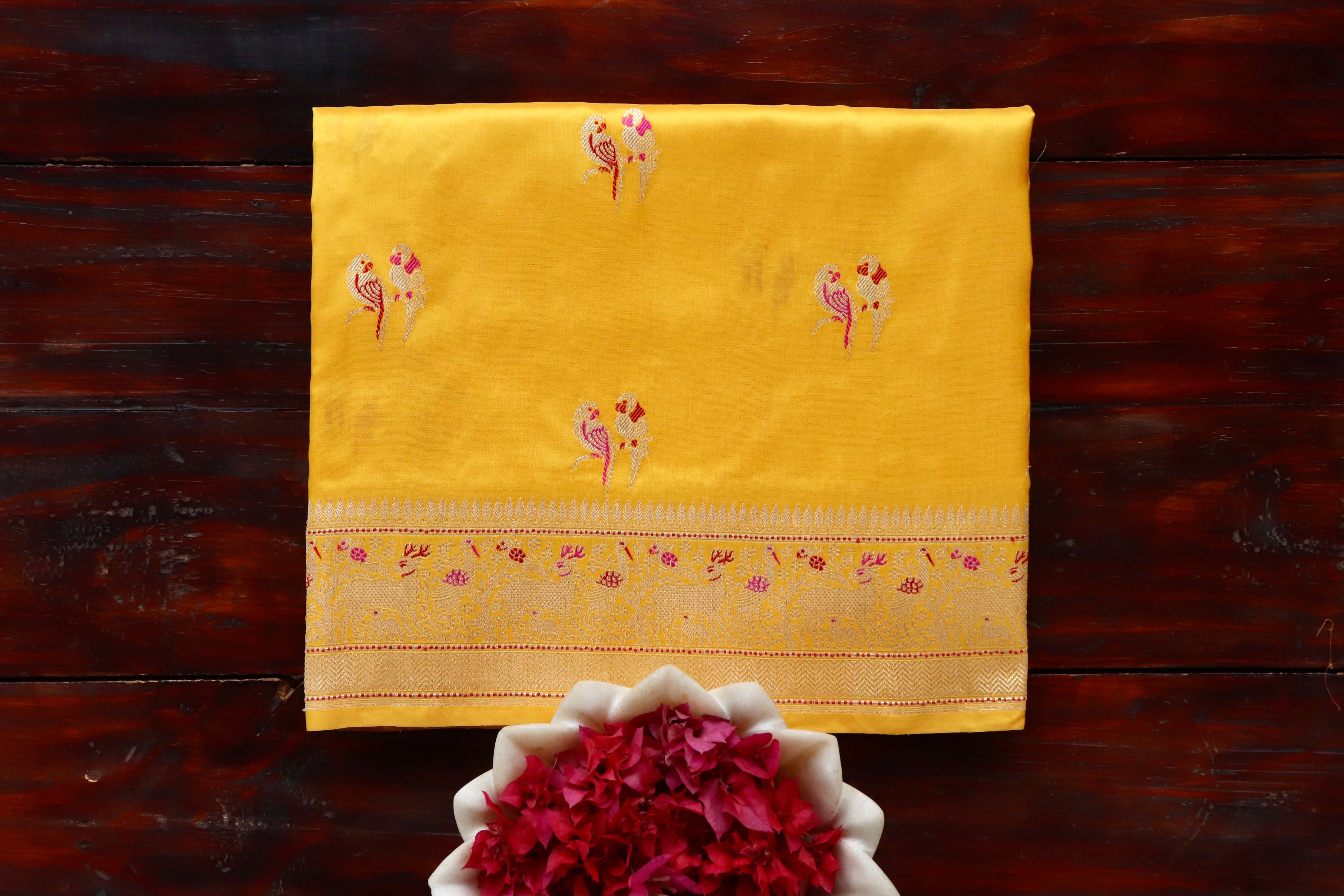 Bright Yellow Bird Motif Pure Silk Handloom Banarasi Saree