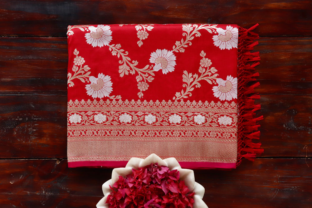 Red Zig Zag Jangla Pure Silk Banarasi Saree | Stuti Weaves