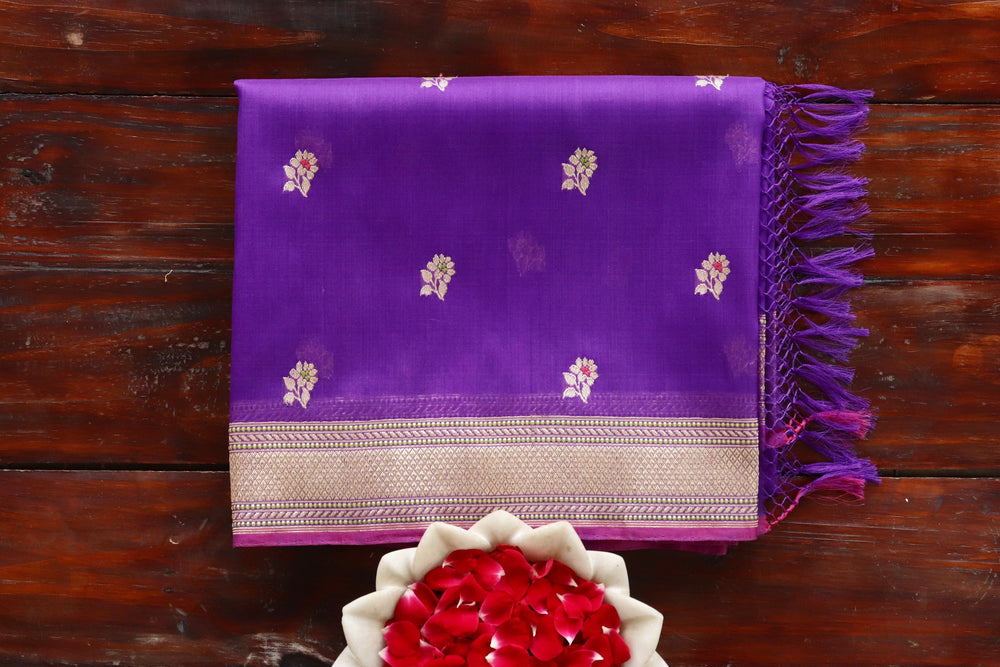 Purple Kadhua Motif Pure Kora Silk Banarasi Saree | Stuti Weaves
