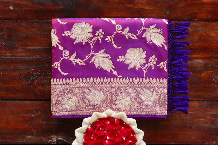 Purple handloom Banarsi saree with jangla motifs in pure silk