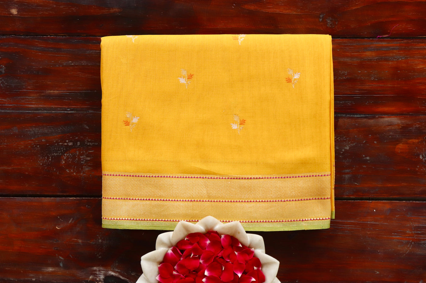 Yellow handloom Banarsi saree with kadhua motifs in cotton