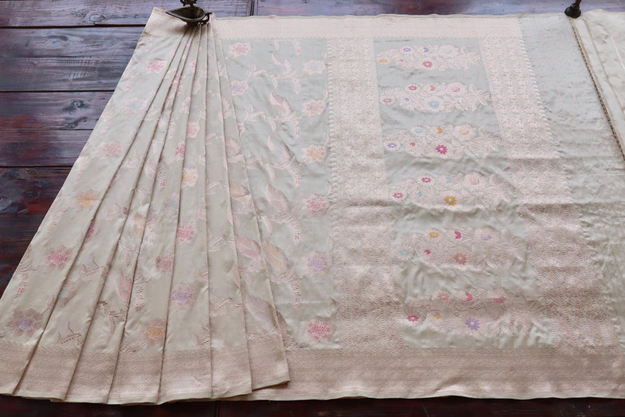 Beige Pure Silk Kadhua Jangla Handwoven Saree