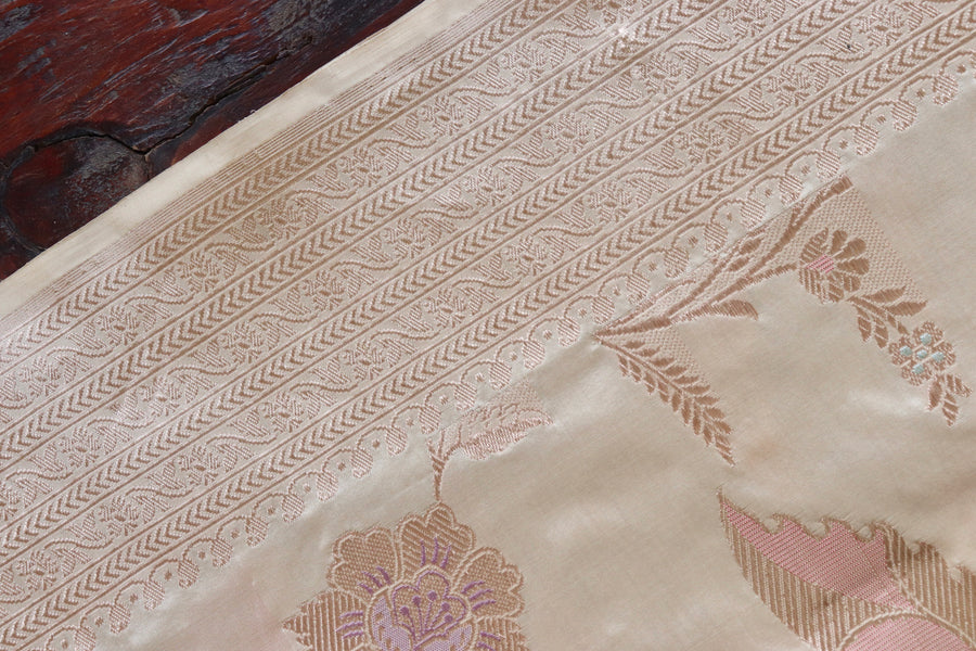 Beige Pure Silk Kadhua Jangla Handwoven Saree