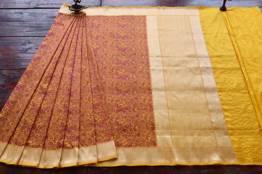 Mustard & Pink Butterfly Resham Handwoven Banarasi Tanchoi Silk Saree