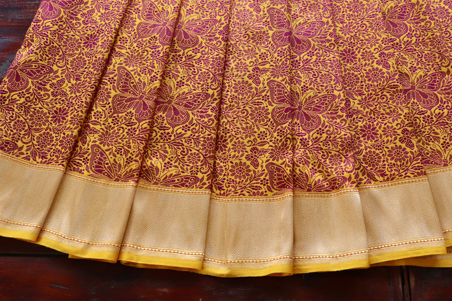 Mustard & Pink Butterfly Resham Handwoven Banarasi Tanchoi Silk Saree