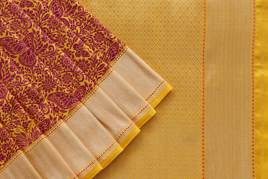Mustard & Pink Butterfly Resham Handwoven Banarasi Tanchoi Silk Saree