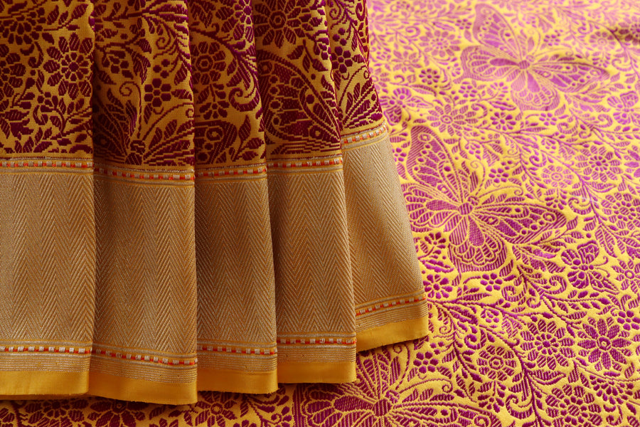 Mustard & Pink Butterfly Resham Handwoven Banarasi Tanchoi Silk Saree