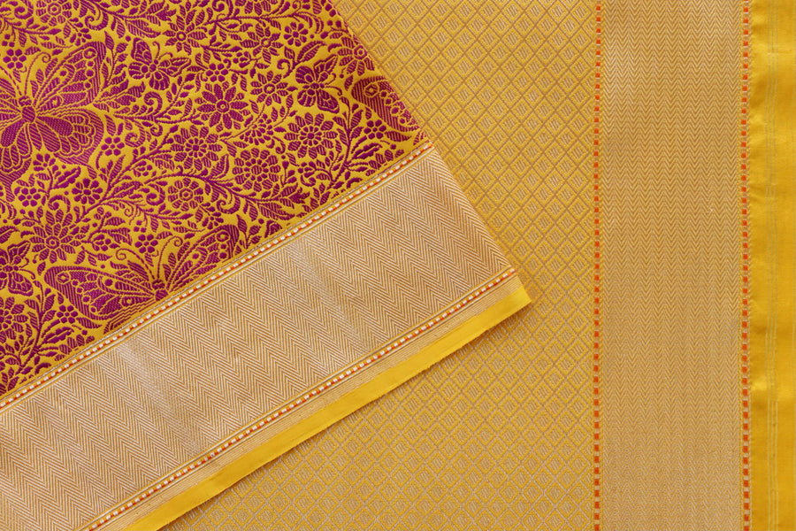 Mustard & Pink Butterfly Resham Handwoven Banarasi Tanchoi Silk Saree