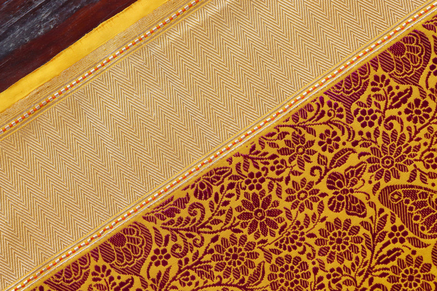 Mustard & Pink Butterfly Resham Handwoven Banarasi Tanchoi Silk Saree