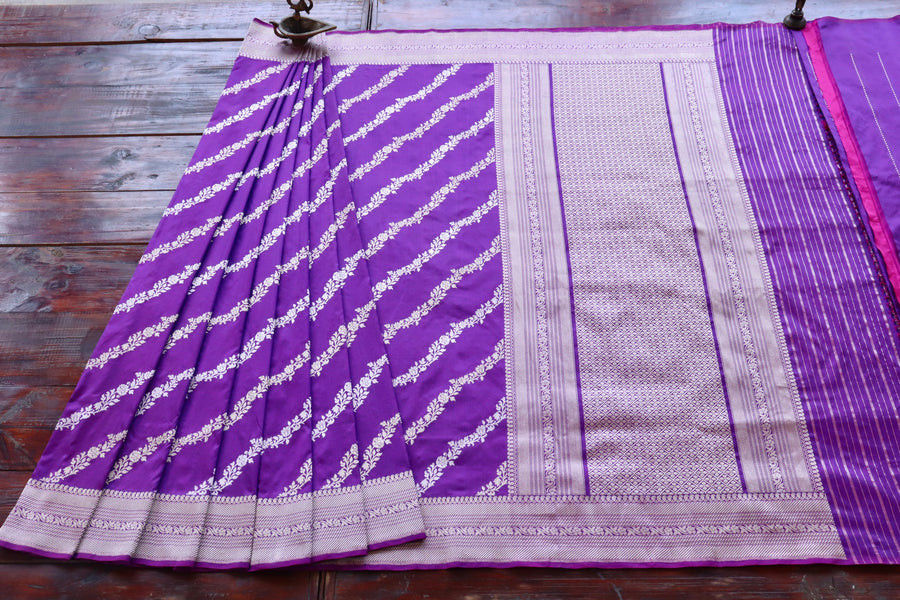 Purple Aada Jangla Pure Katan Silk Banarsi Saree