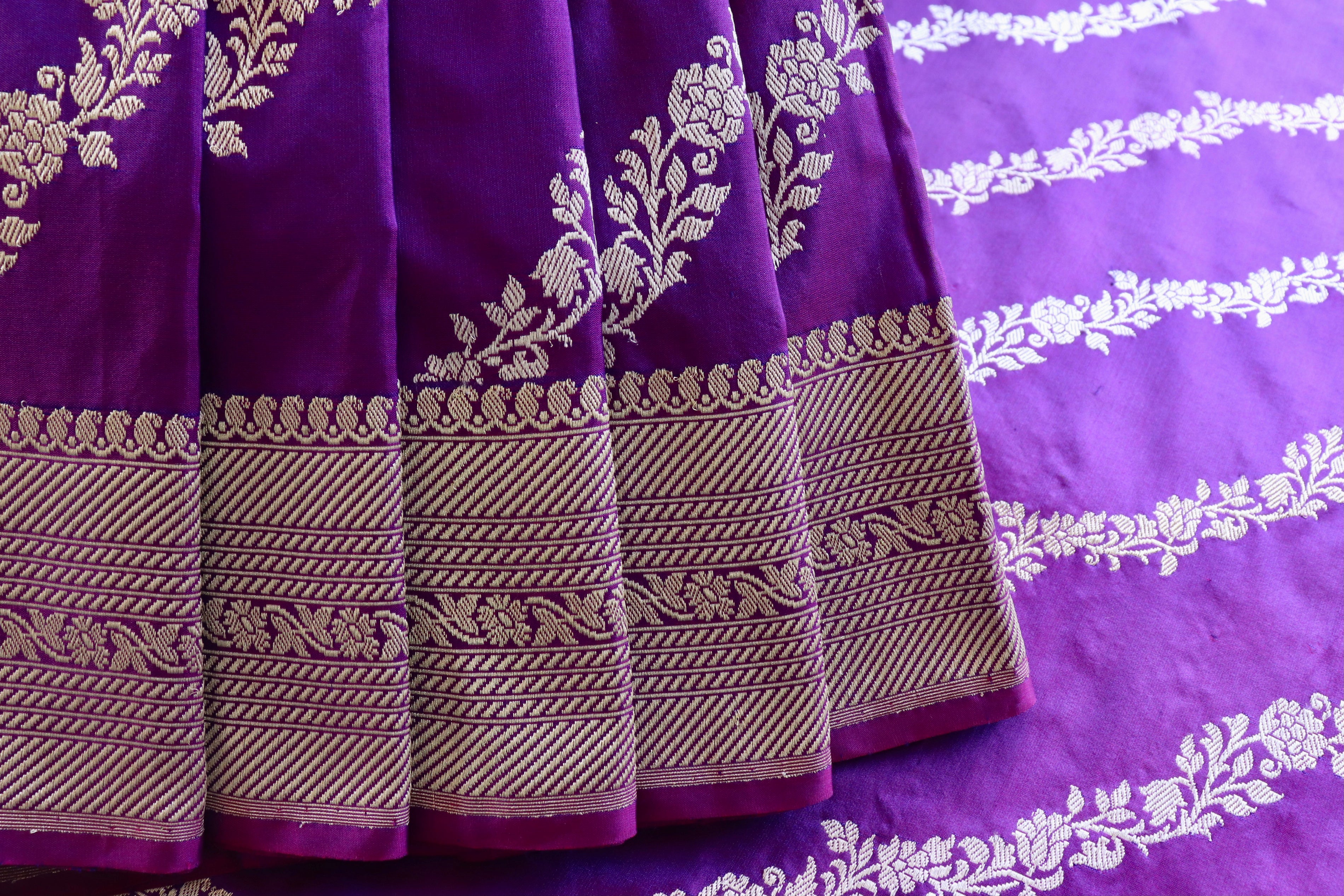 Purple Aada Jangla Pure Katan Silk Banarasi Saree