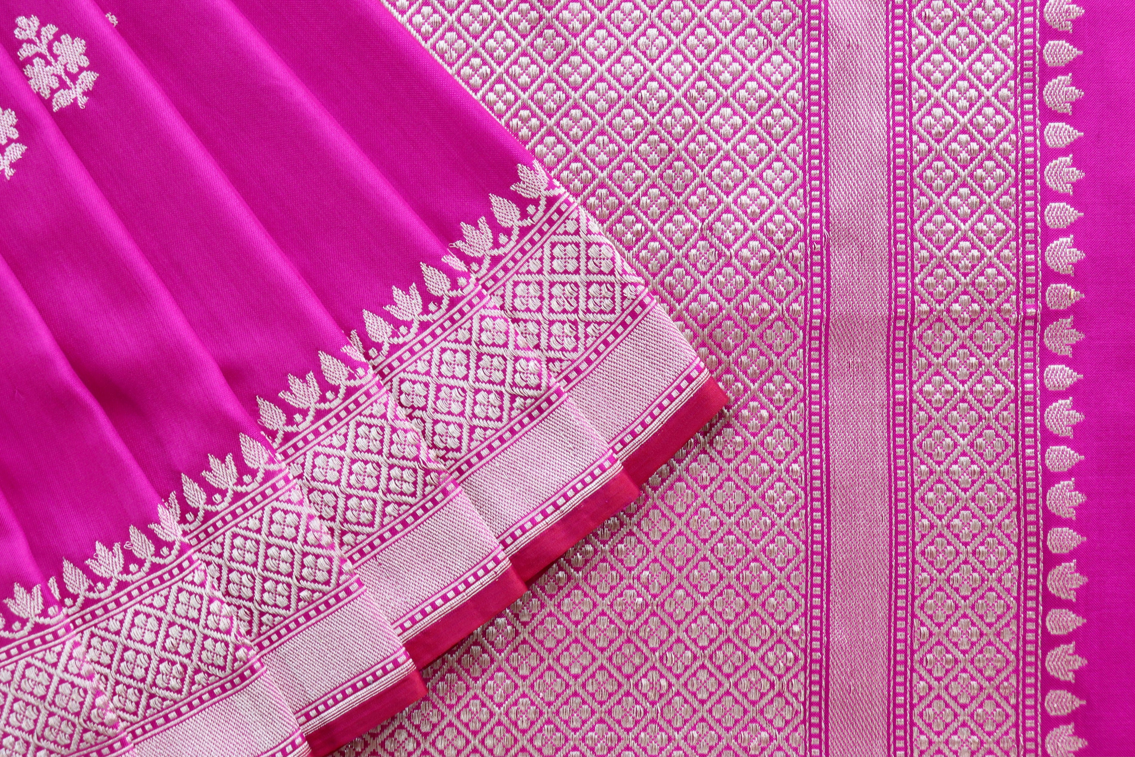 Magenta Katan Silk Leaf Motif Handloom Banarasi Saree