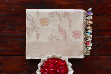 Beige handloom Banarsi saree with kadhua motifs in pure silk