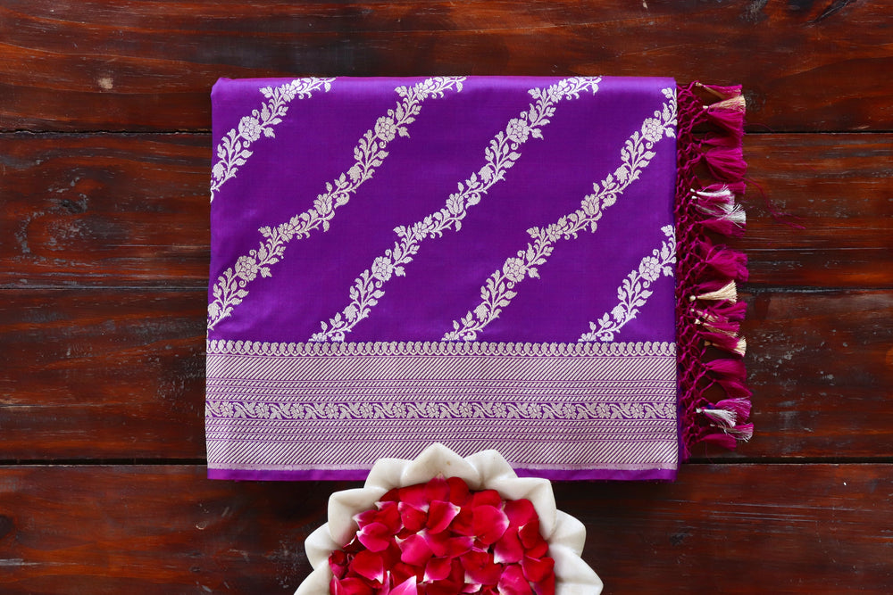 Purple handloom Banarsi saree with jangla motifs in pure Katan silk