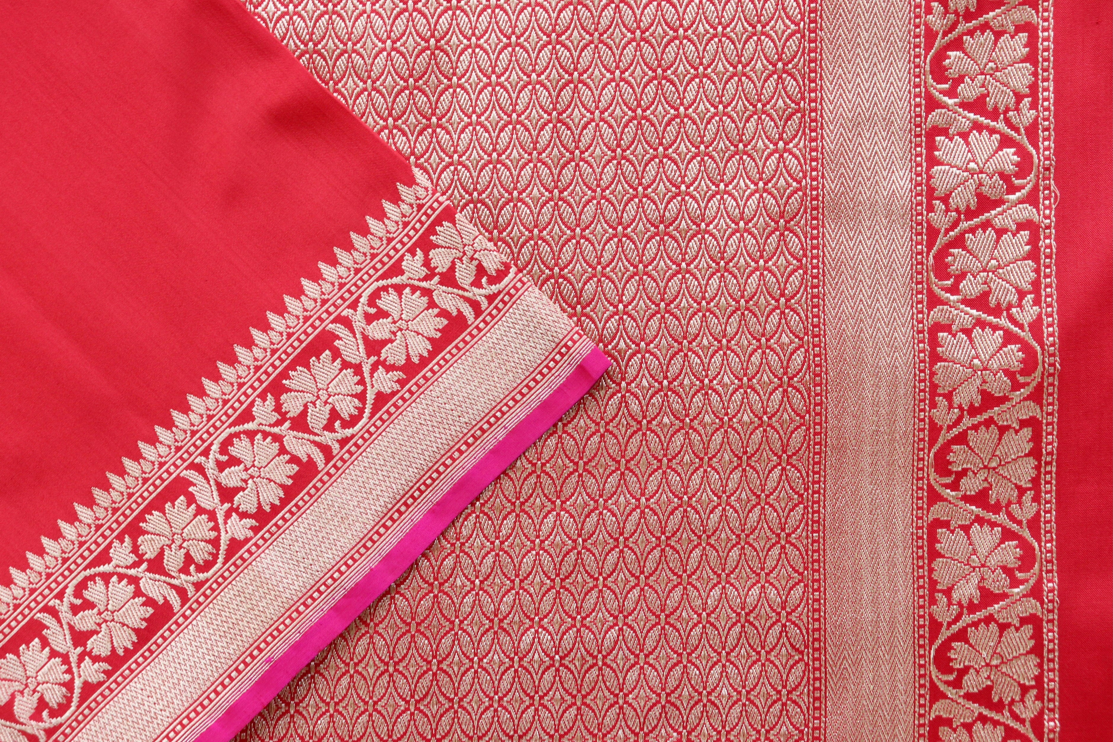 Red Guldasta Motif Pure Kora Silk Handloom Saree