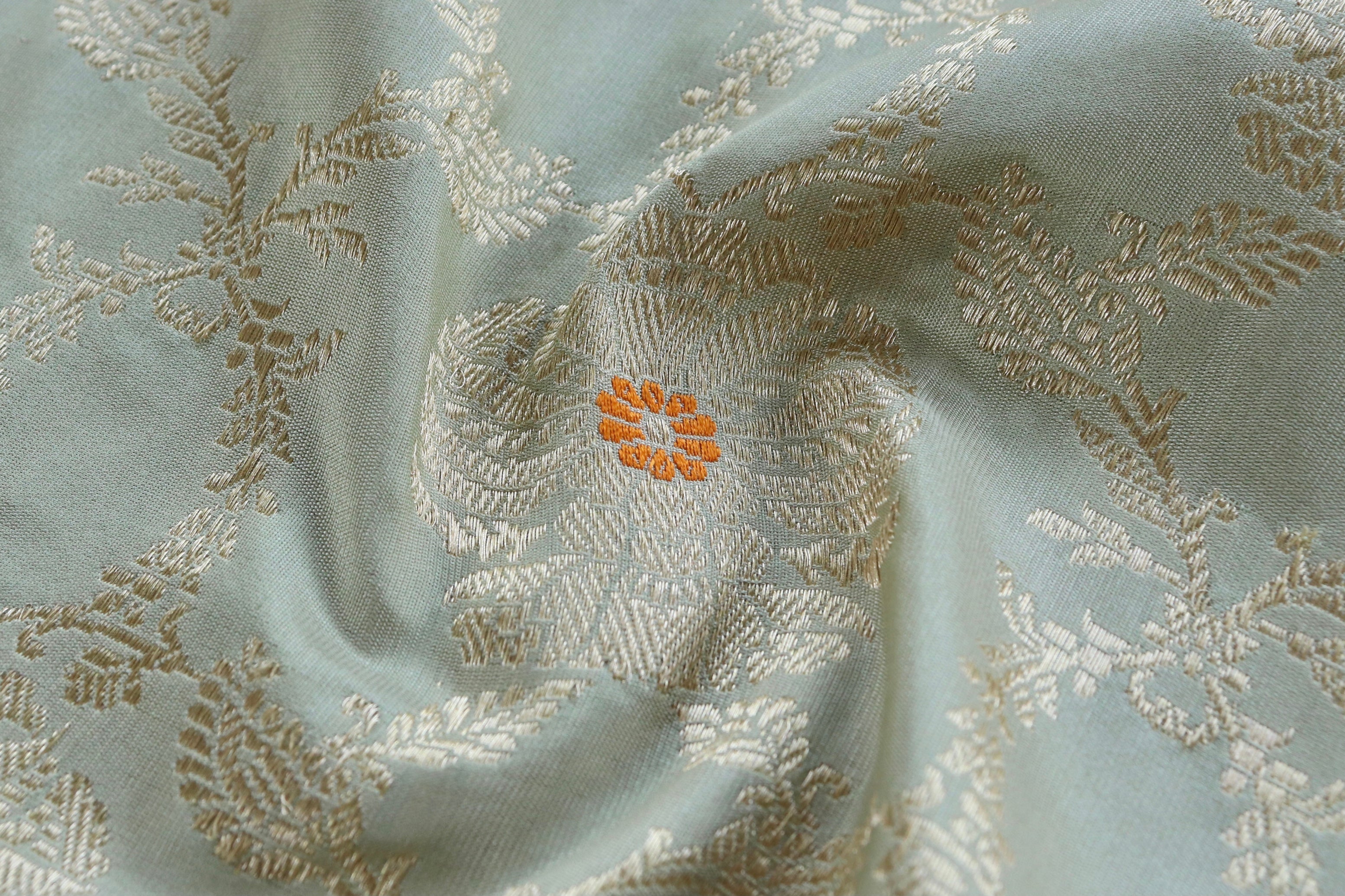 Pistachio Green Jangla Pure Silk Handloom Banarasi Saree