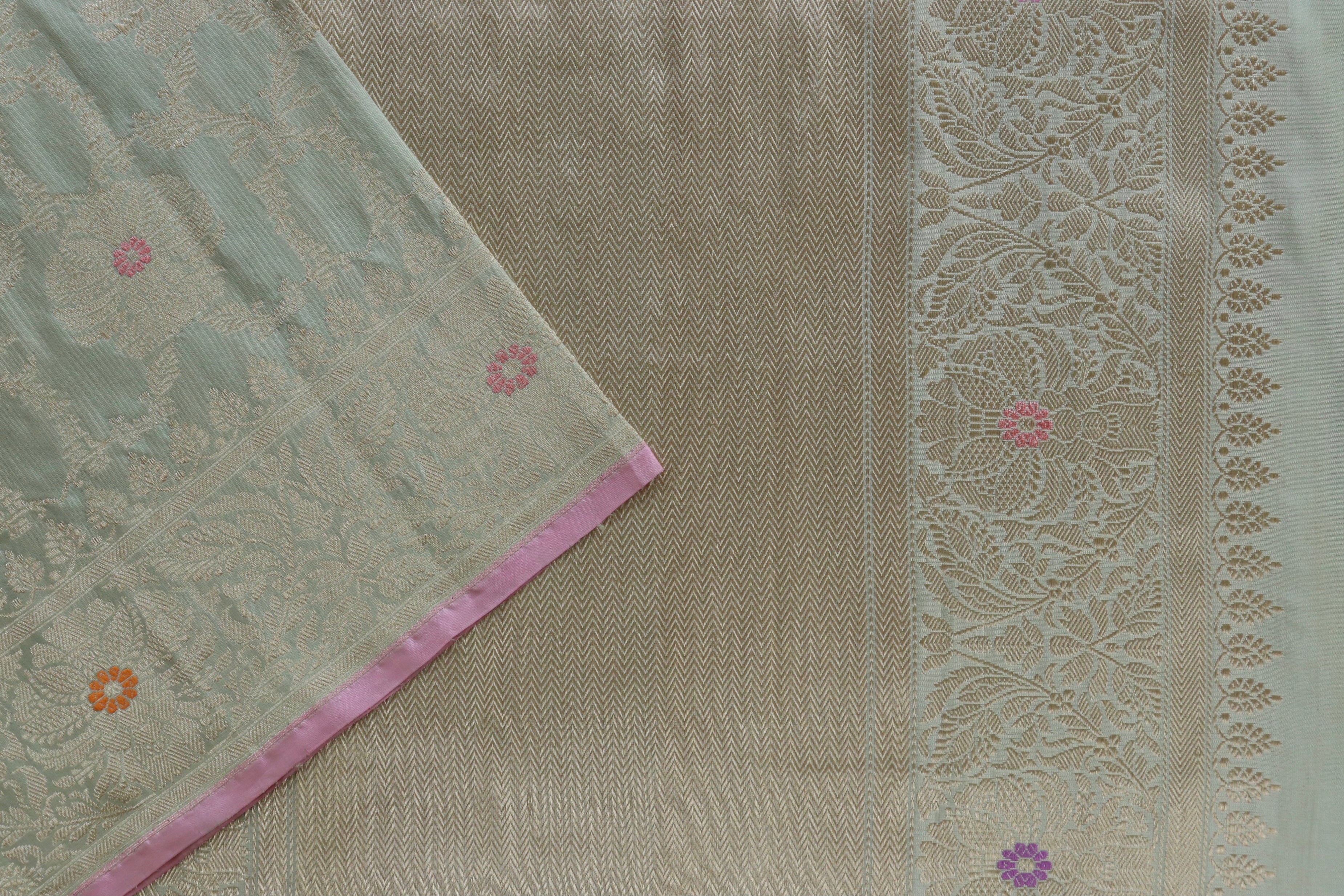 Pistachio Green Jangla Pure Silk Handloom Banarasi Saree