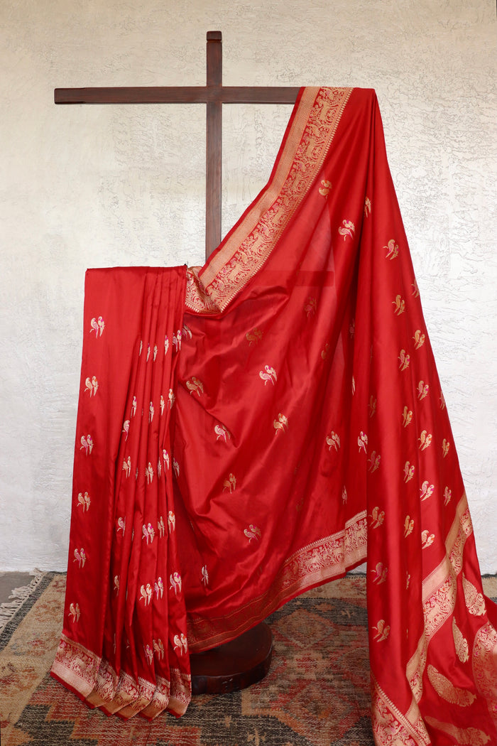 Crimson Bird Motif Kadhua Pure Silk Handloom Banarasi Saree