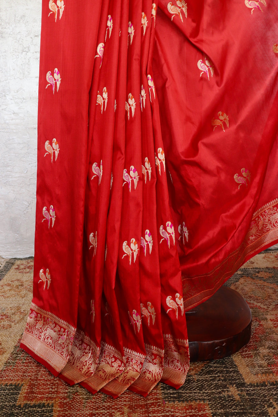 Crimson Bird Motif Kadhua Pure Silk Handloom Banarasi Saree