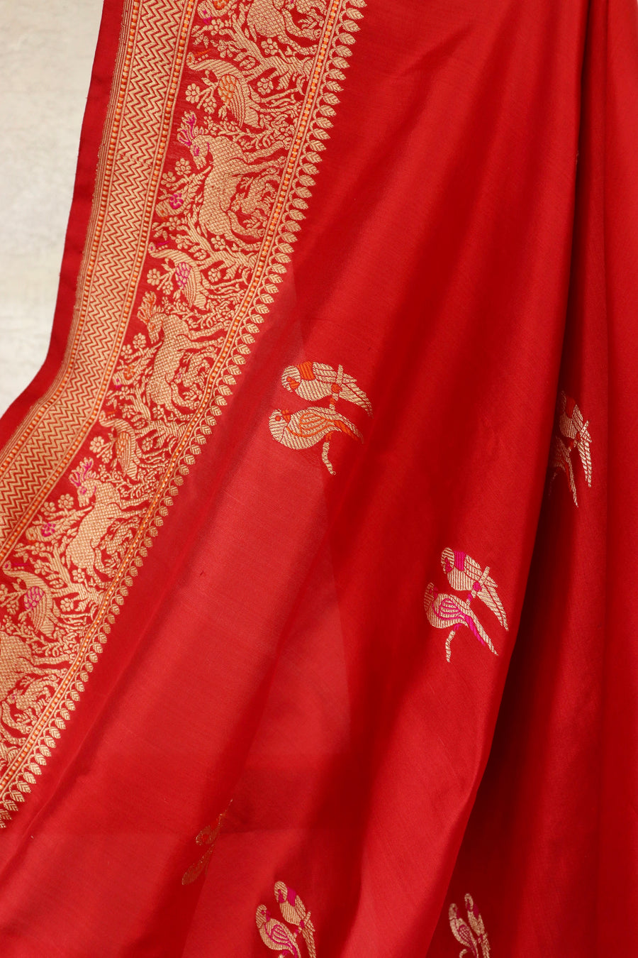 Crimson Bird Motif Kadhua Pure Silk Handloom Banarasi Saree