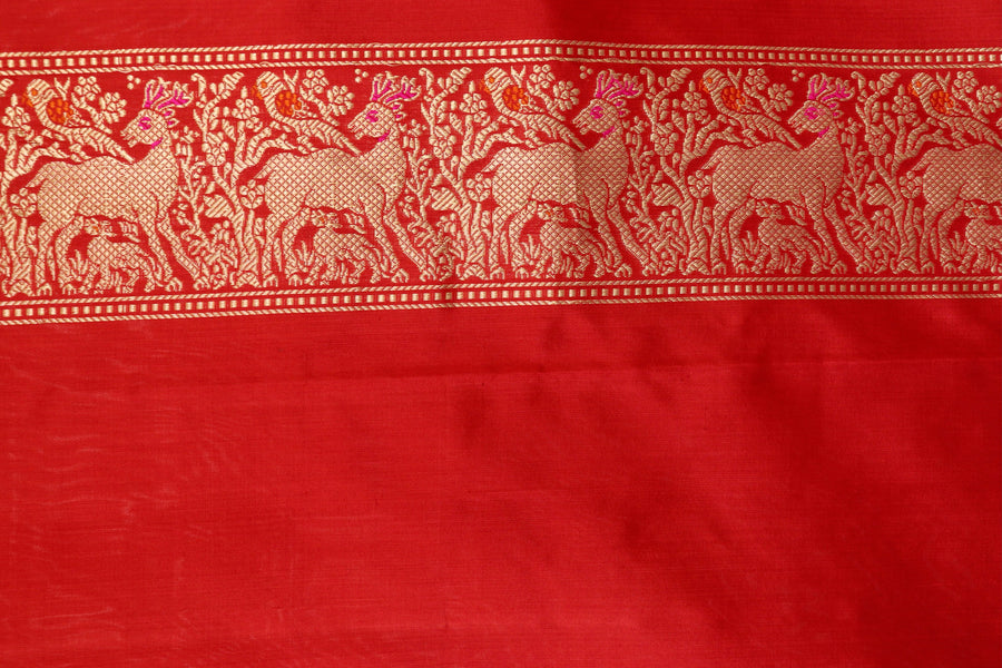 Crimson Bird Motif Kadhua Pure Silk Handloom Banarasi Saree