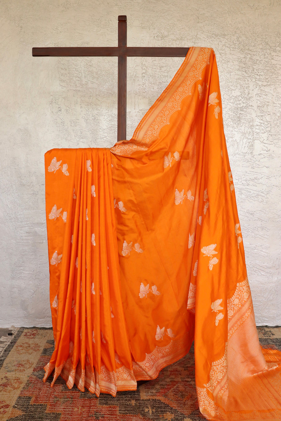 Saffron Butterfly Motif Pure Silk Handloom Banarasi Saree