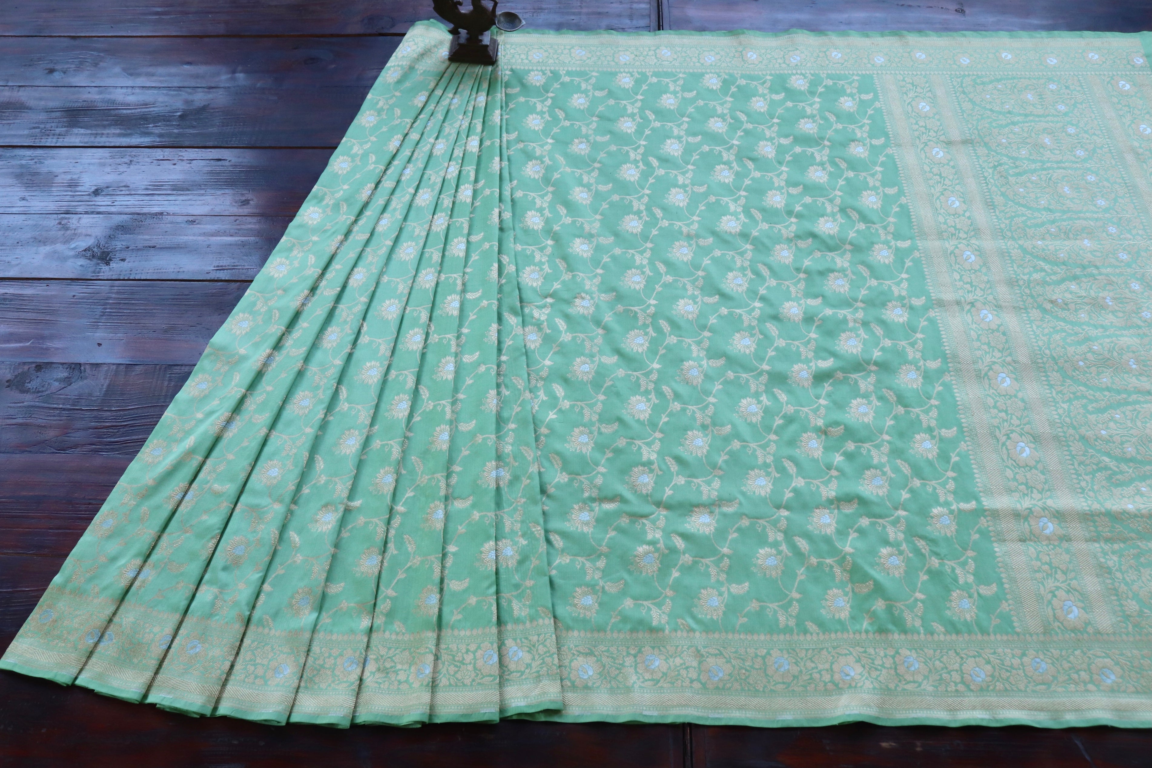 Mint Green Cutwork Jangla Banarasi Silk Handloom Saree